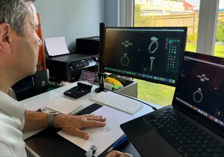 David Law designing custom jewellery using 3D CAD technology in his London studio