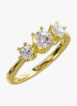 Remodelled three-stone engagement ring featuring the client’s diamond and two matching diamonds in an 18ct yellow gold band.