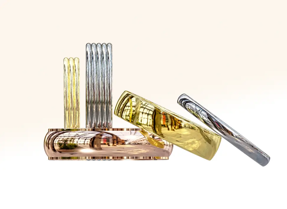 Array of bespoke wedding rings for men and women in five different precious metals, showcasing unique designs and craftsmanship.