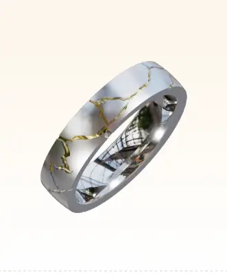 Men's wedding rings with a lava-inspired design, showcasing yellow gold flowing through cracks on a platinum band.
