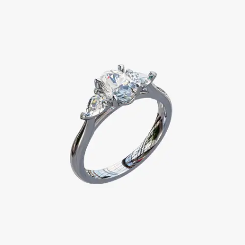 Bespoke three-stone engagement ring with an oval center diamond and pear-shaped side diamonds