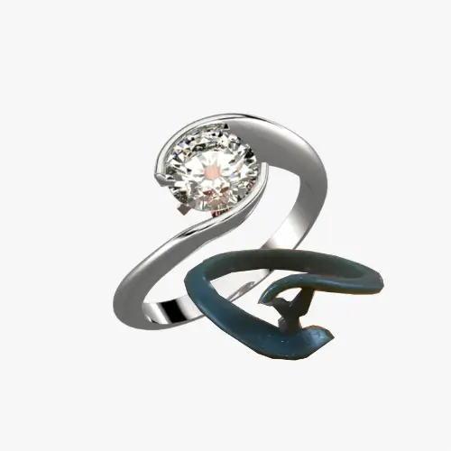Unique twist brilliant-cut engagement ring with a hidden mockingbird design and wax model showcasing it.