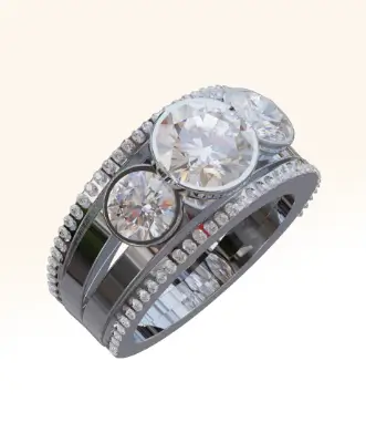 An unusual wide-band eternity ring featuring a row of diamonds on each edge and a striking trilogy of large diamonds at the centre, crafted for bold elegance.