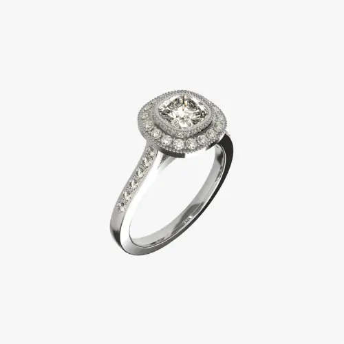 Cushion-cut diamond engagement ring with a diamond halo and diamond-accented band