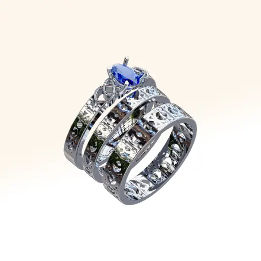 Ladies' Celtic wedding and engagement rings with a matching men's Celtic wedding ring, all crafted in platinum.