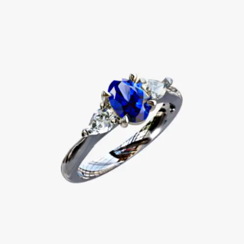 Oval sapphire and pear diamond three-stone gemstone engagement ring