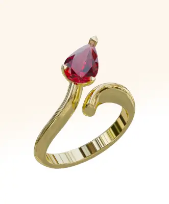 An unusual eternity ring in 18ct yellow gold with a subtle twist design, featuring a stunning pear-shaped ruby elegantly set to flow down the finger