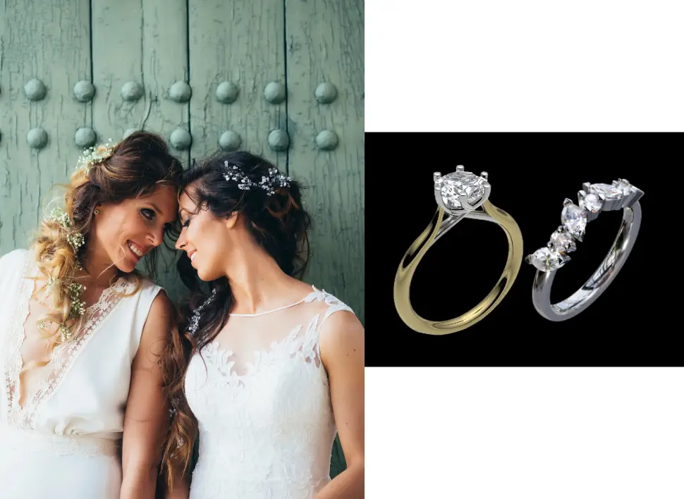 Two brides on their wedding day, joyfully showcasing their bespoke lesbian engagement rings, symbolising their love and commitment