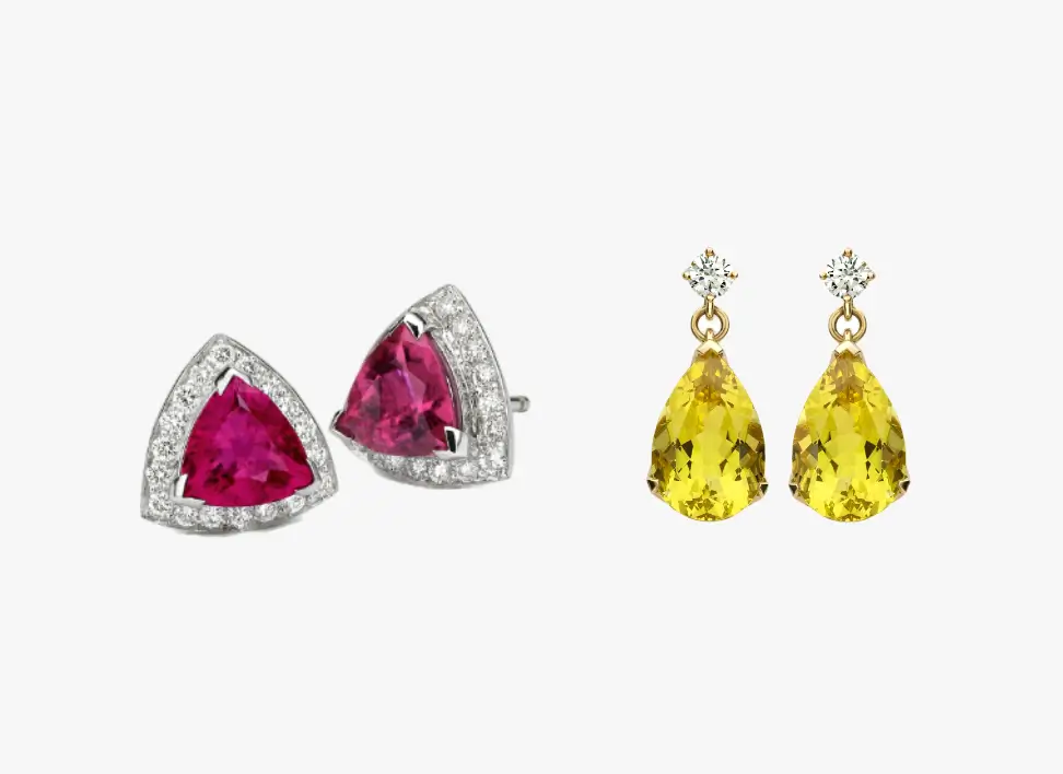 Bespoke earrings featuring trillion-cut pink tourmaline and diamond, paired with golden beryl and diamond, elegantly crafted for a unique and luxurious design.