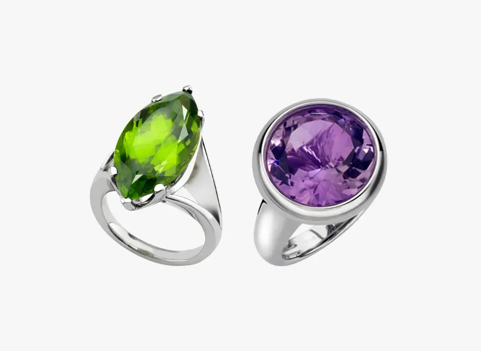 marquise peridot and brilliant cut amethys dress rings