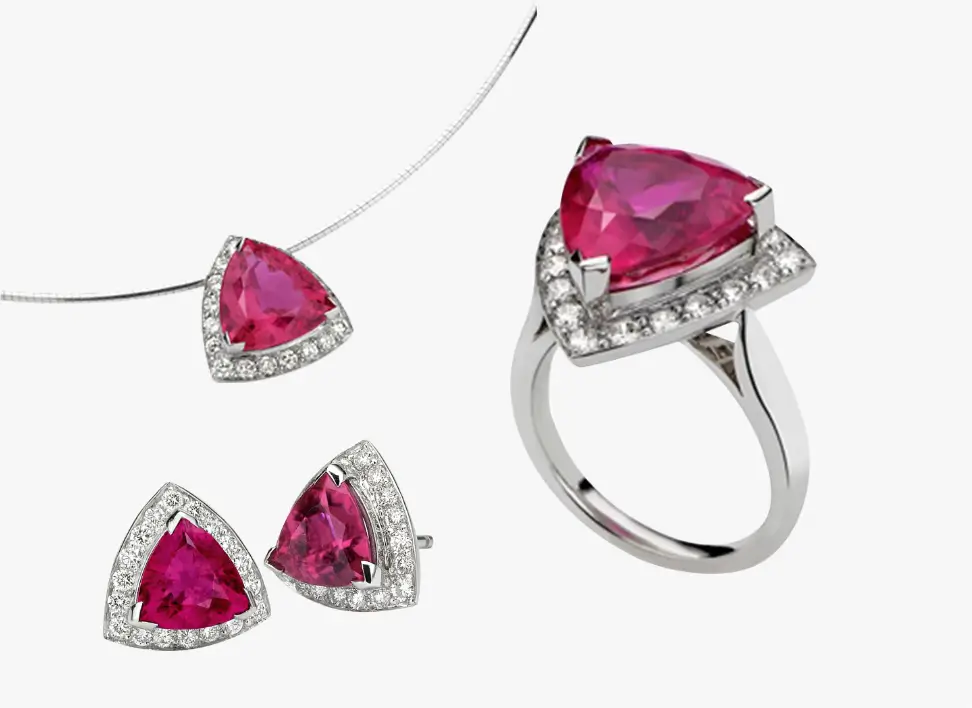 trillion rubelite and halo diamond dress ring with matching earrings and pendant