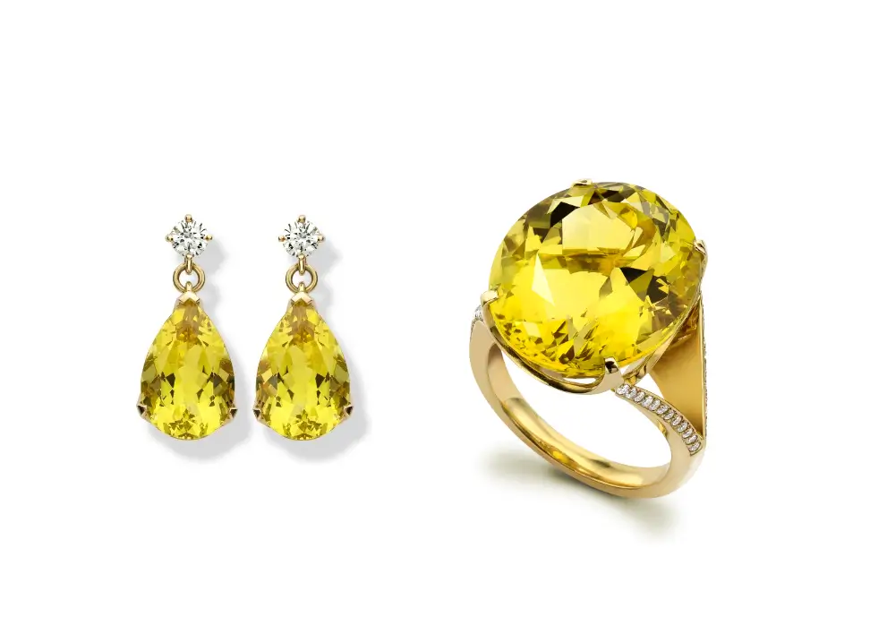 Golden beryl and diamond Matching earrings and dress ring