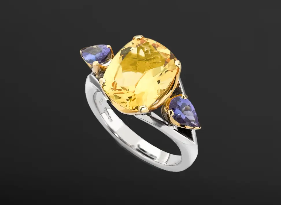 Golden beryl and tanzanite 18ct yellow gold dress ring