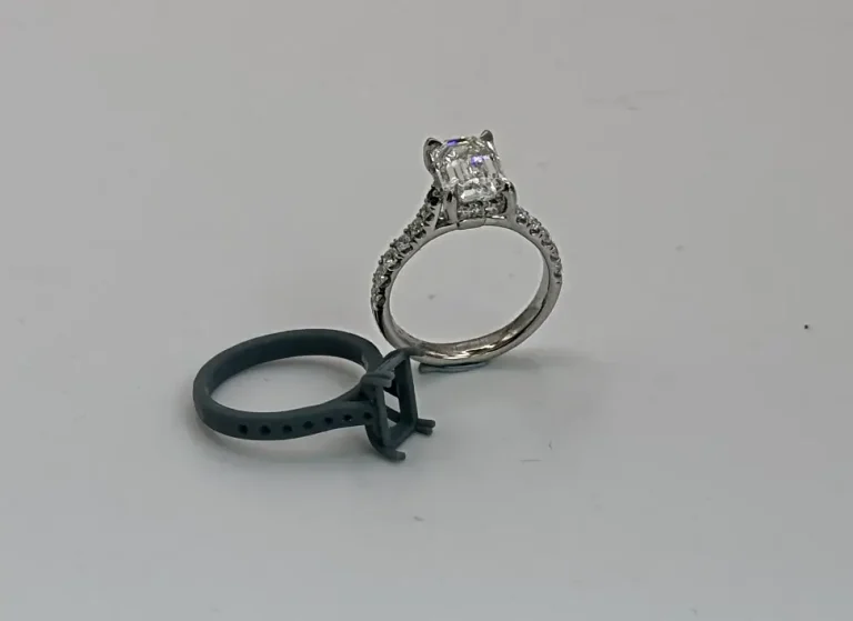 bespoke emerald cut diamond enagement ring and wax ring model