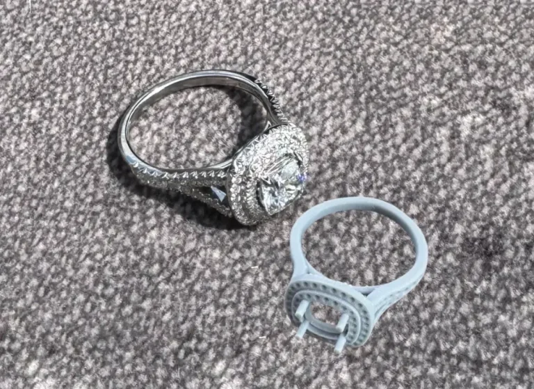 cushion cut and halo lab grown dia mond engagement ring and wax ring