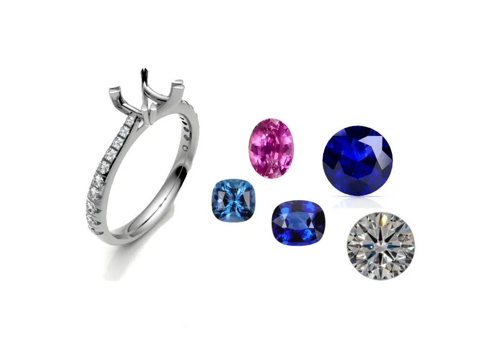 Remodelled ring setting; diamond band with loose coloured gemstones and a loose diamond