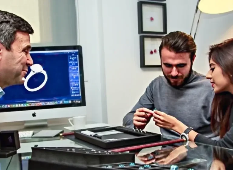 Master jeweller David Law designing bespoke jewellery with clients through his Travelling Jeweller service — bringing the London Hatton Garden experience to their home.