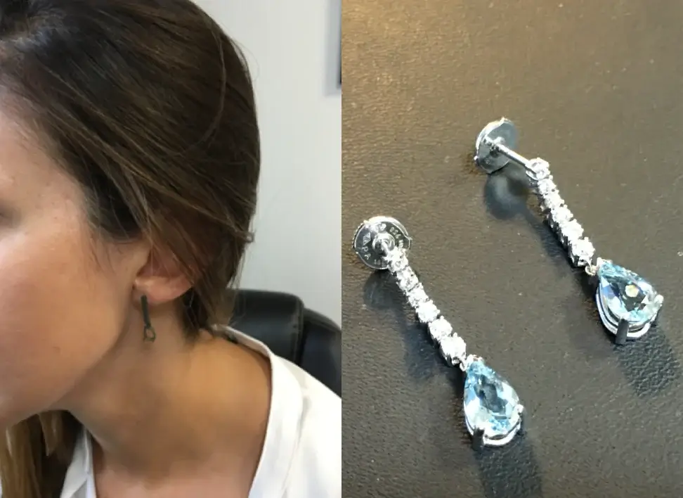 Clients wearing wax earring prototypes and the finished aquamarine and diamond drop earrings — demonstrating how designs are tested before final crafting.