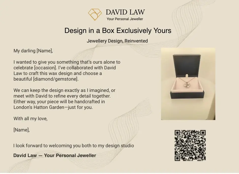 Elegant presentation of the personalised Design in a Box invitation — introducing David Law’s bespoke jewellery gift experience.
