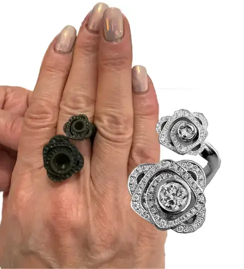 Client trying on a 3D-printed wax ring alongside the finished diamond ring for comparison