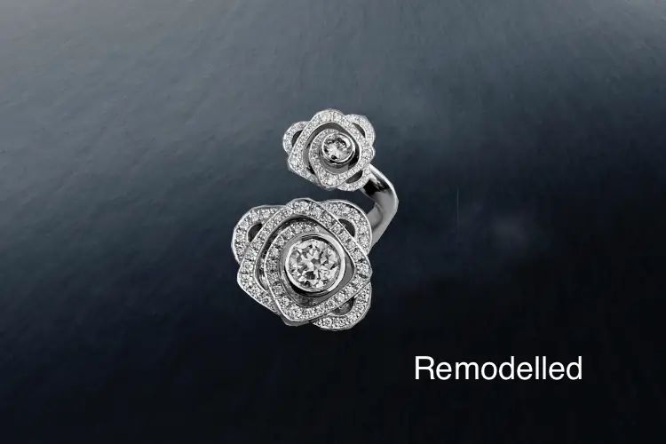 Diamond dress ring remodelled from a family heirloom, redesigned and handcrafted in London through a bespoke jewellery remodelling process