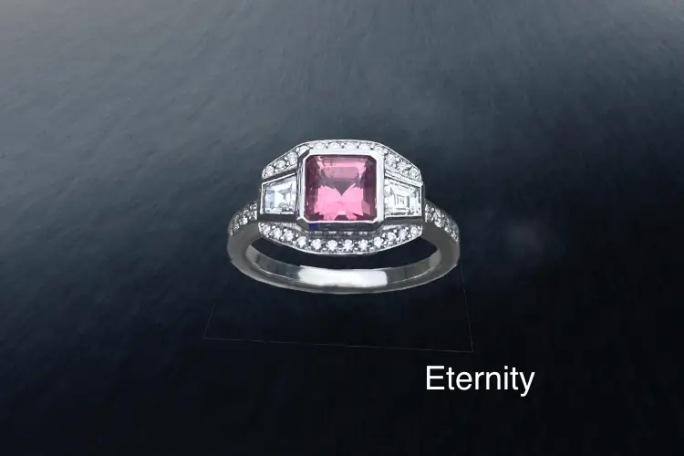 Pink tourmaline and diamond eternity ring in a contemporary design, bespoke crafted in London to reflect personal style