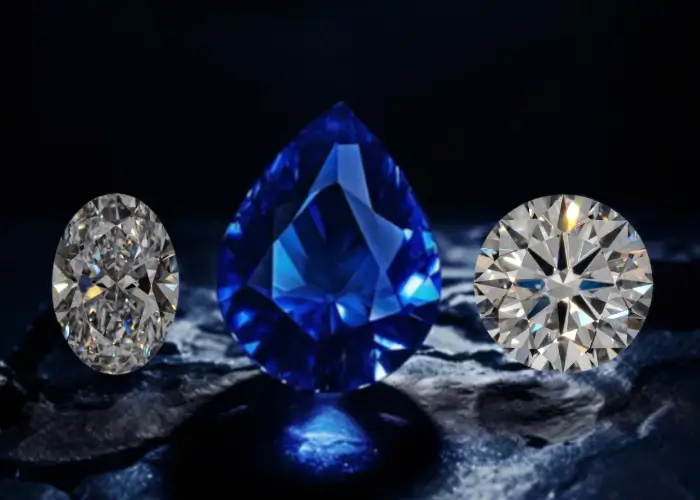 Loose pear shaped sapphire with oval and round diamonds