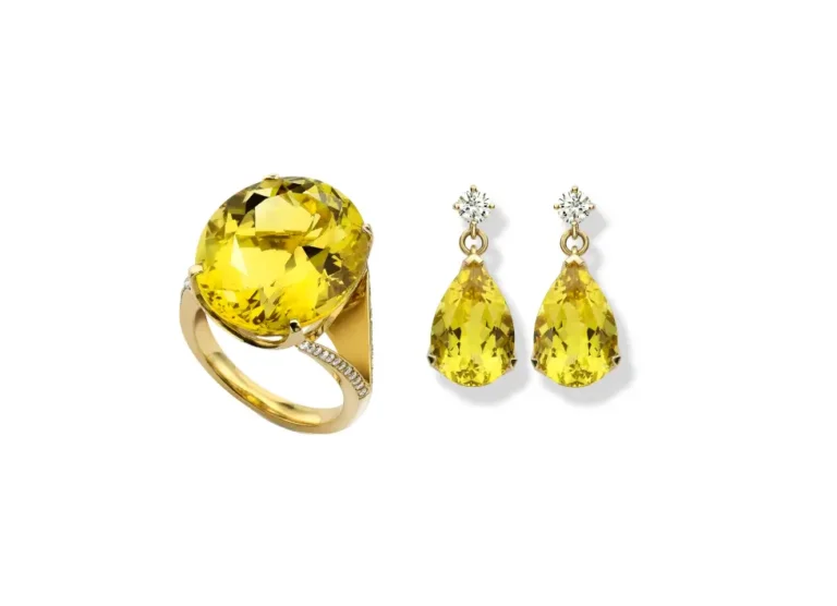 golden beryl and diamond dress rings and matching drop earrings