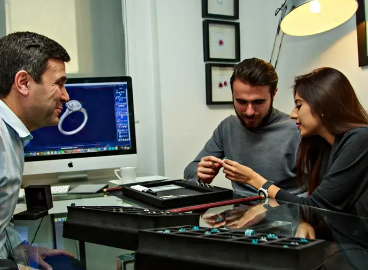 client designing bespoke jewellery in London with David Law