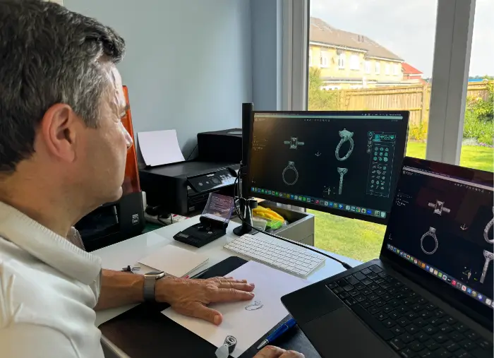 David Law designing bespoke jewellery using 3D CAD at his London studio