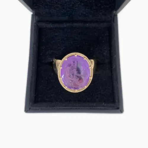 18ct yellow gold ring with antique amethyst intaglio gemstone