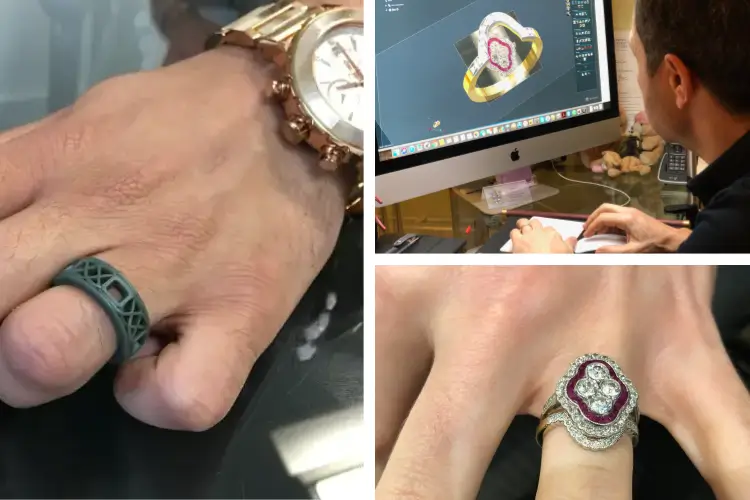 Man trying on a 3D-printed wax wedding ring while David designs a fitted band to the correct size and shape