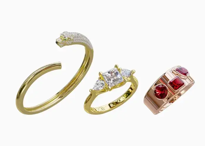 bespoke jewellery diamond bangle- three sone daiond rings and ruby dress ring