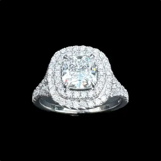 bespoke jewellery cushion cut double halo platinum Engagement ring